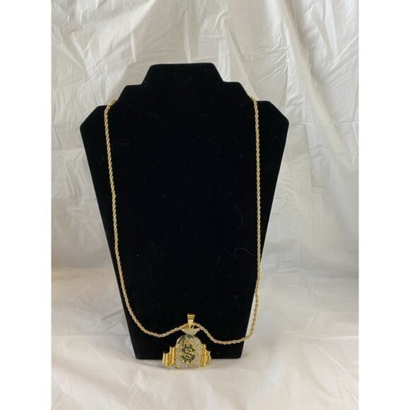 Dollar Money Bag Necklace Gold Tone with Green Jewels - Picture 10 of 10